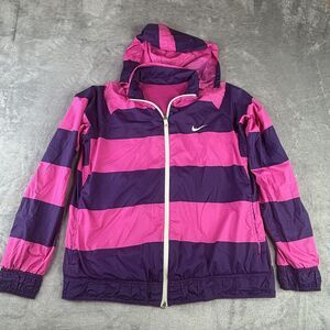 Nike Windbreaker Jacket Womens L Pink Purple Stripe Hooded Reversible Mesh
